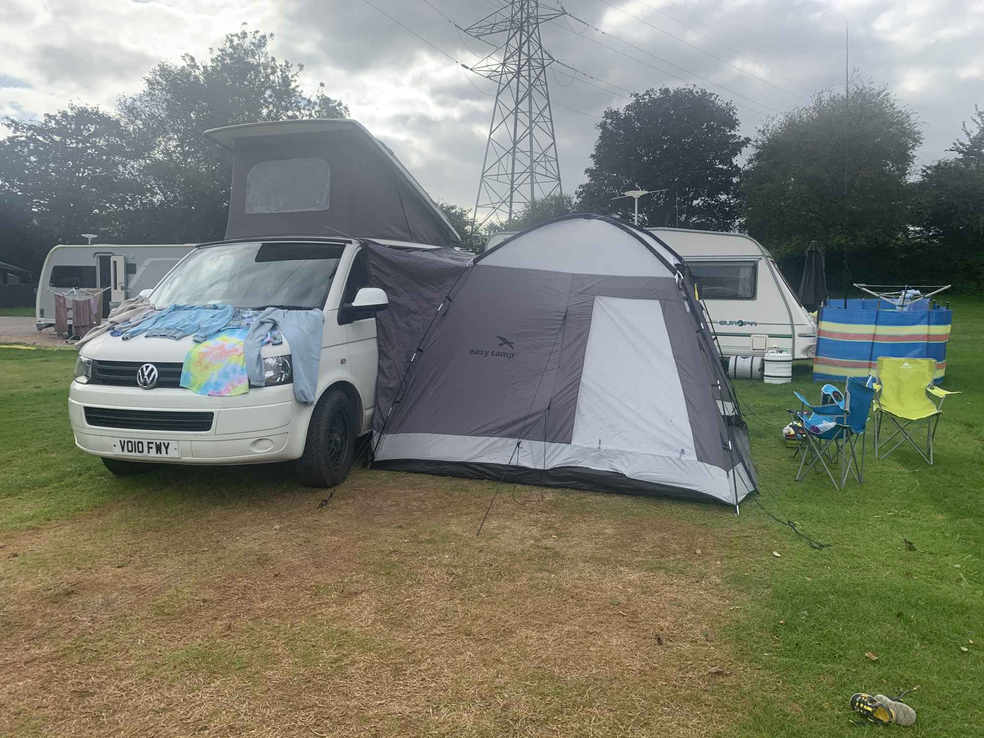 A VW T5 Campervan called SnowBall-0526 and We attached a magnetic awning to Snowball for some extra space which was ideal with a toddler for hire in Newquay, Cornwall