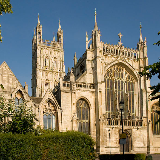 Front view of the Gloucester Cathedral (Cathedral Church of St Peter and the Holy and Indivisible Trinity). Gloucester, England. Foundation work began on the church in 1089.