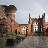 Coventry's old Cathedral ruins with rainbow.