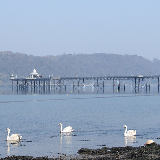Bangor pier with swans on the Menai Strait and the shores of Angelsey beyond
