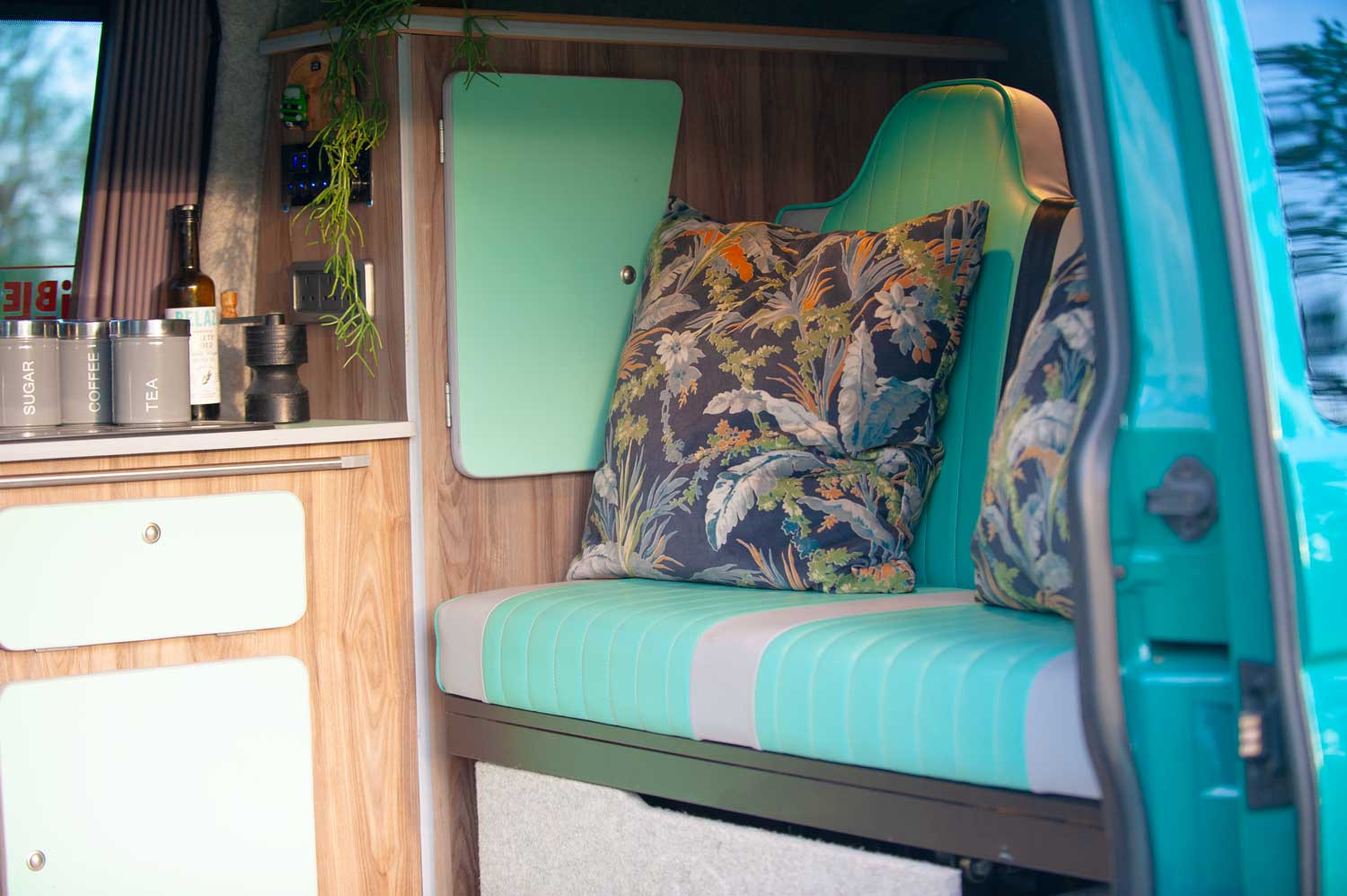 A VW T5 Campervan called Pretty-Green and for hire in Hickstead, West Sussex