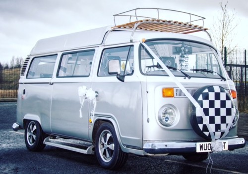 A VW T2 Classic Campervan called Pedro and Pedro on wedding duty. for hire in Warrington, England