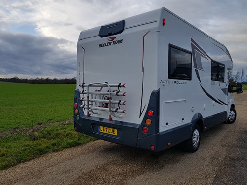 A Roller team Motorhome called Darcell and Rear View with Bike Rack for hire in Diss, Norfolk
