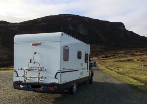 A Swift Motorhome called Adelina and Rear View with Bike Rack for hire in Isle of Lewis, Western Isles