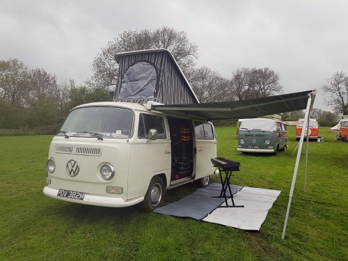 A VW T2 Classic Campervan called Misty2 and Misty with his integrated Wind Out Awning extended for hire in Eltham, SE9, London