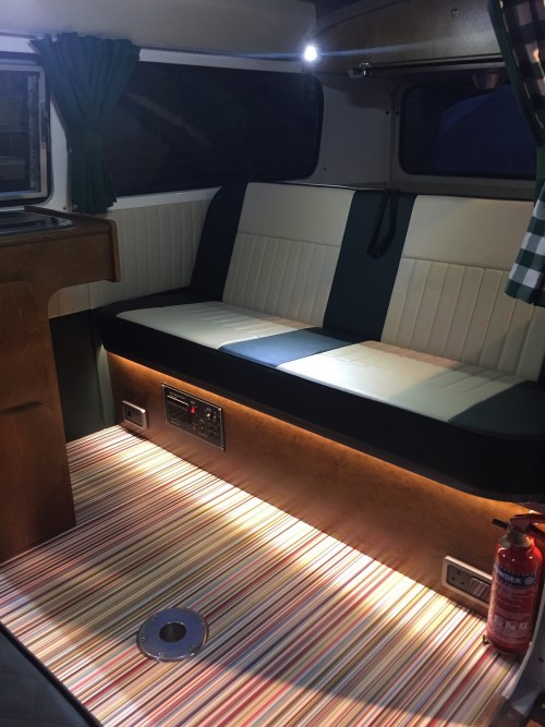 A VW T2 Classic Campervan called Wild-Monty and Interior with LED lighting for hire in Colyford, Devon