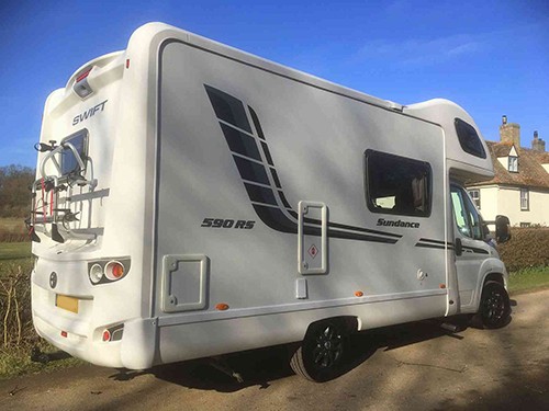 A Swift Motorhome called Sundance-with-Me and Rear View with bike rack for hire in Royston, Cambridgeshire