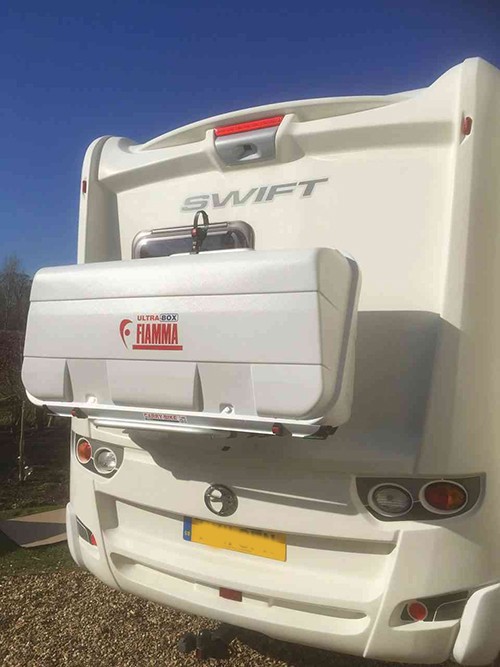 A Swift Motorhome called Sundance-with-Me and Fiamma storage box at rear for hire in Royston, Cambridgeshire