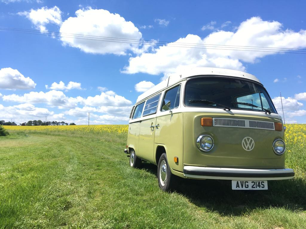 A VW T2 Classic Campervan called Winnie-The-Westie and Winnie soaking up the sun for hire in Kent, Kent