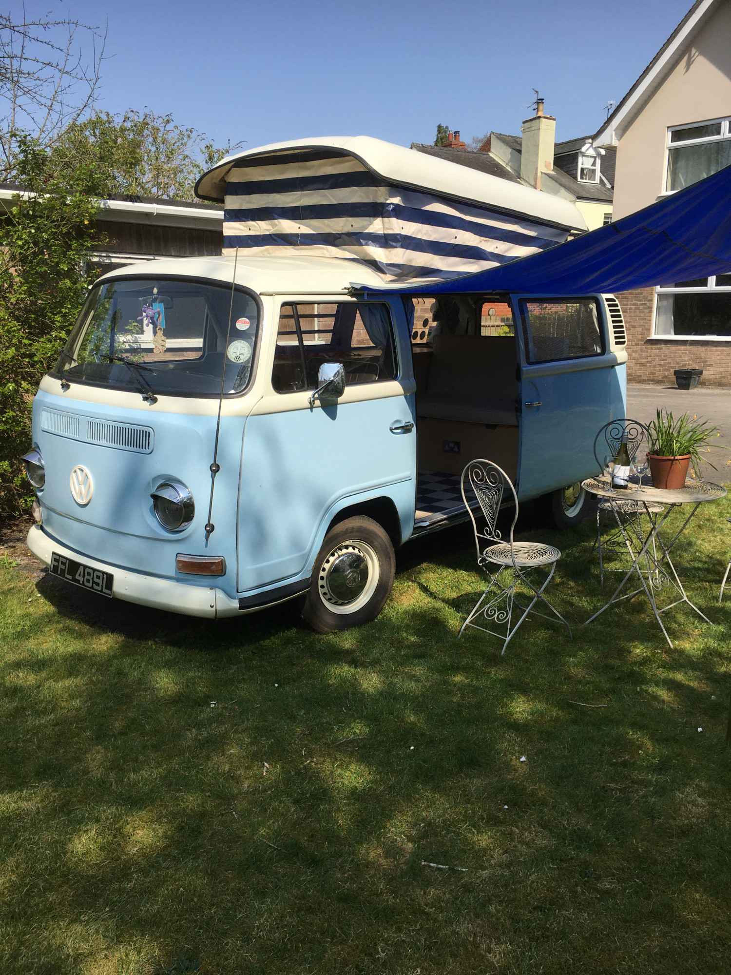 A VW T2 Classic Campervan called The-Duchess and Picnic awning for hire 