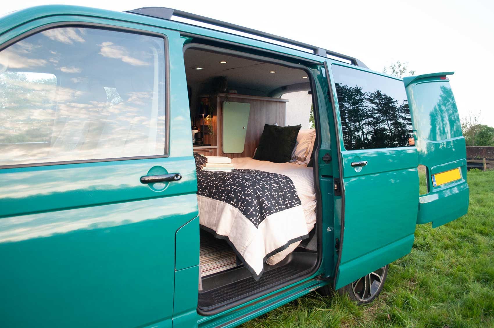 A VW T5 Campervan called Pretty-Green and for hire in Hickstead, West Sussex