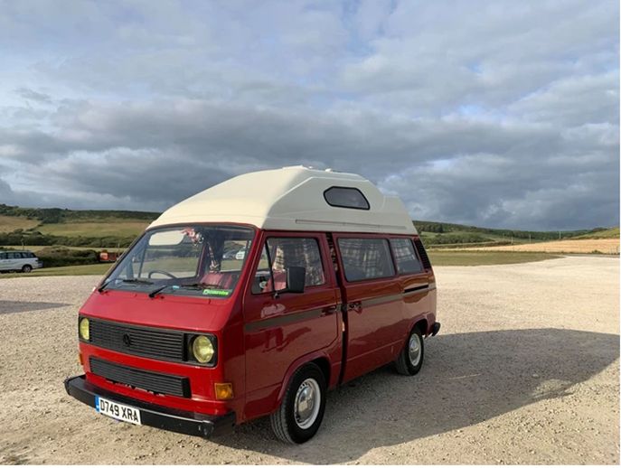 A VW T3 Campervan called Tiki-Red and for hire in Portsmouth, England