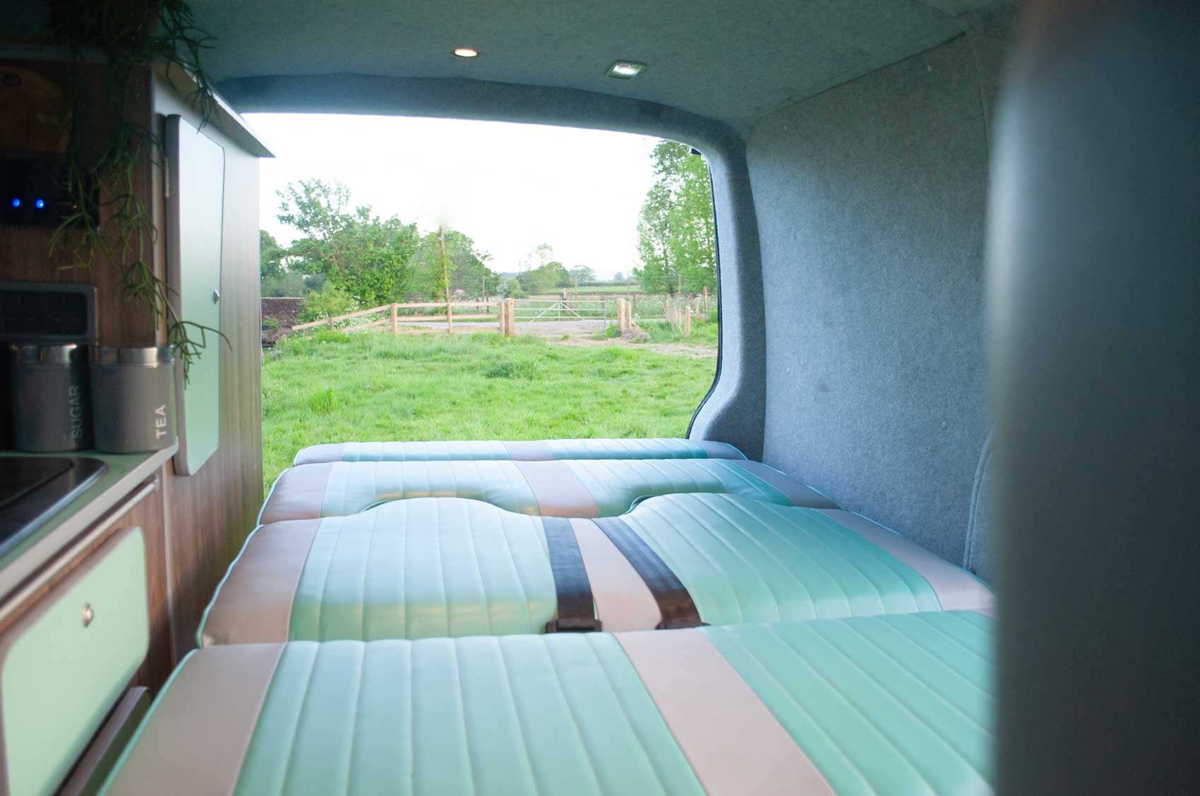 A VW T5 Campervan called Pretty-Green and for hire in Hickstead, West Sussex