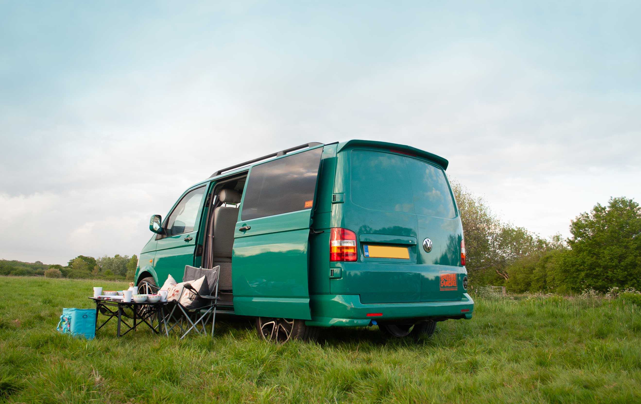 A VW T5 Campervan called Pretty-Green and for hire in Hickstead, West Sussex