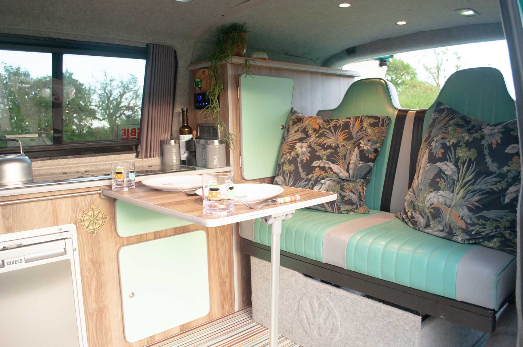 A VW T5 Campervan called Pretty-Green and for hire in Hickstead, West Sussex
