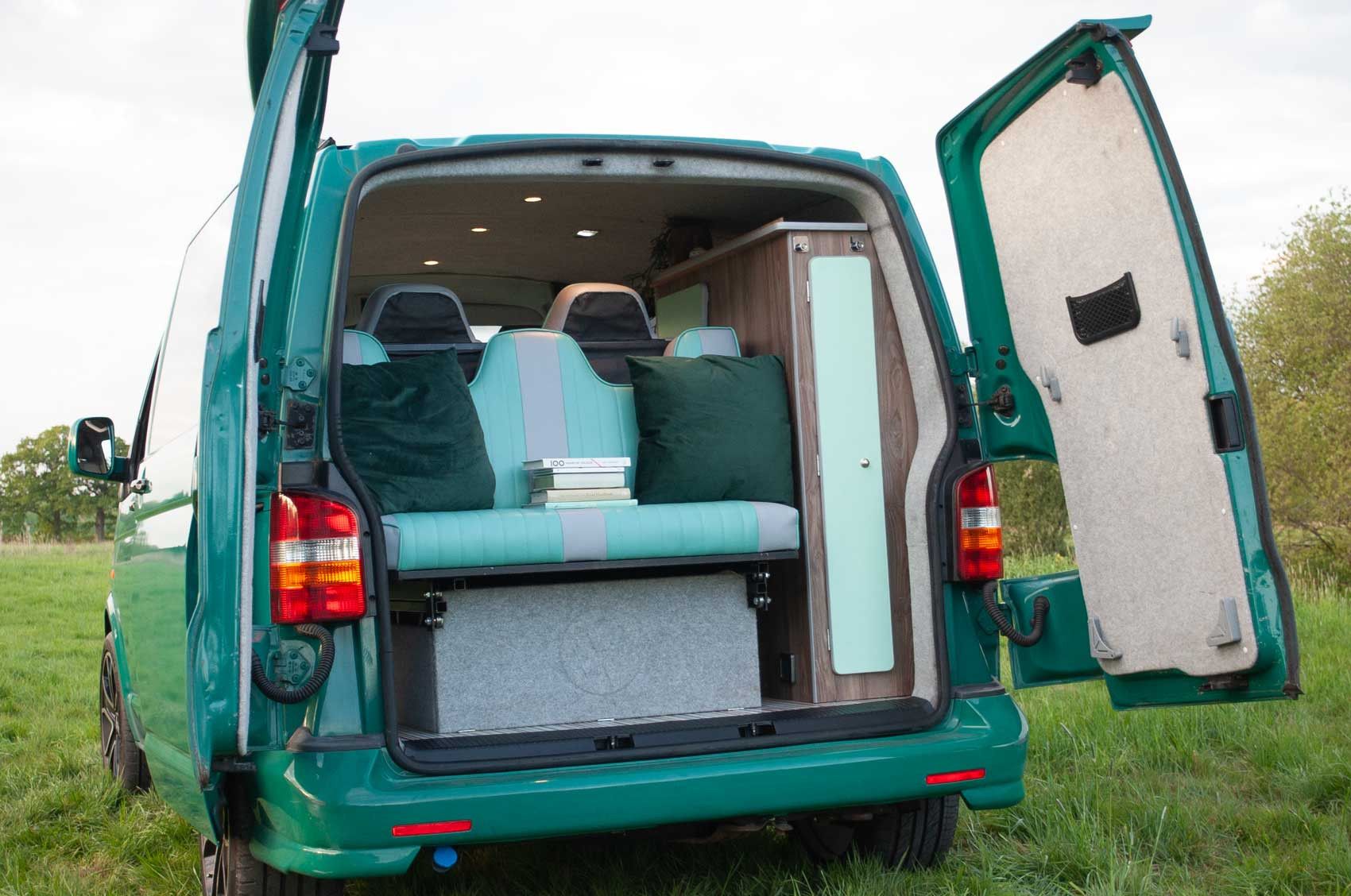 A VW T5 Campervan called Pretty-Green and for hire in Hickstead, West Sussex