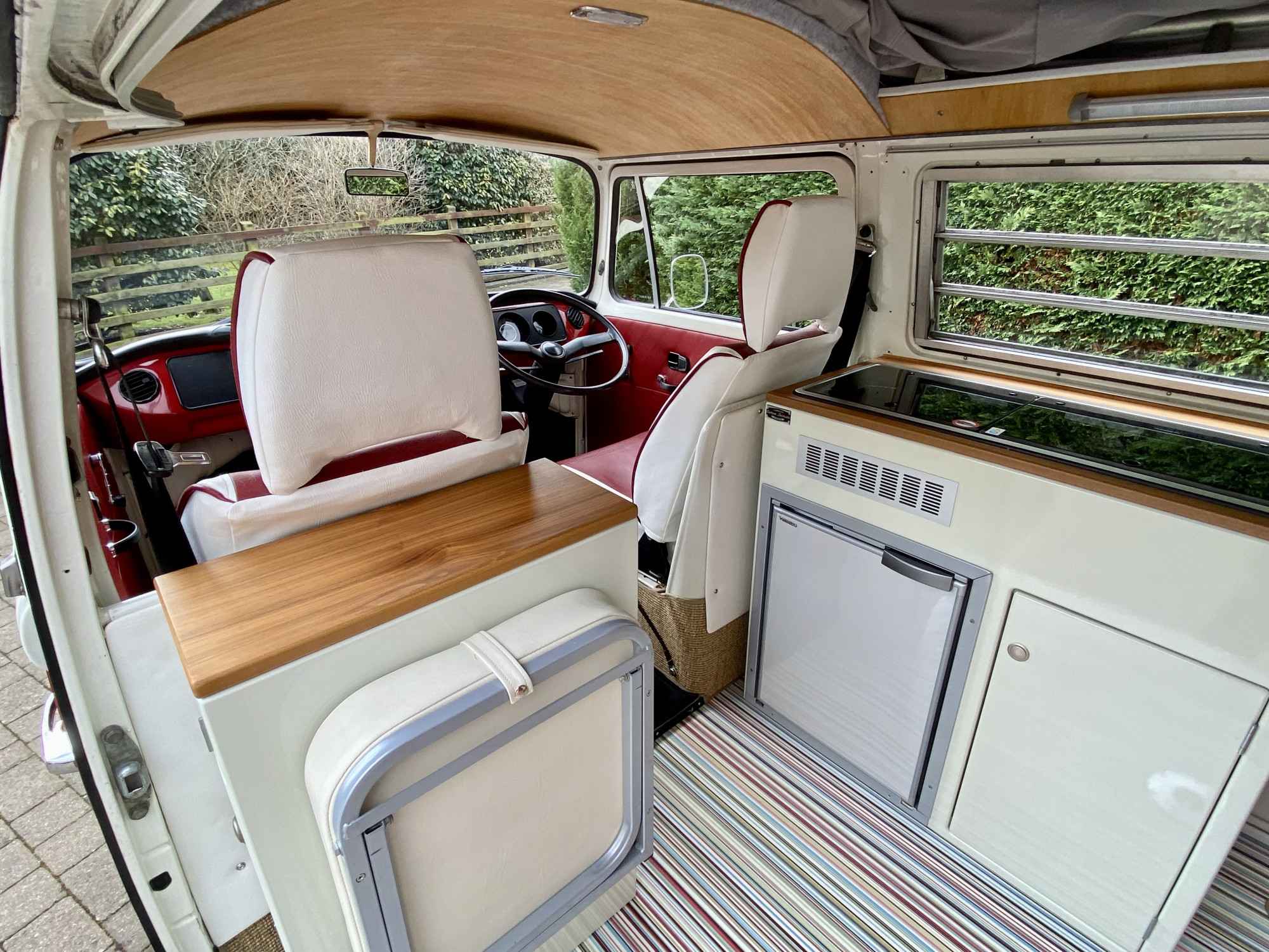 A VW T2 Classic Campervan called Ruby-Rose and New kitch unit with sink, hob and fridge freezer for hire in Bideford, Devon