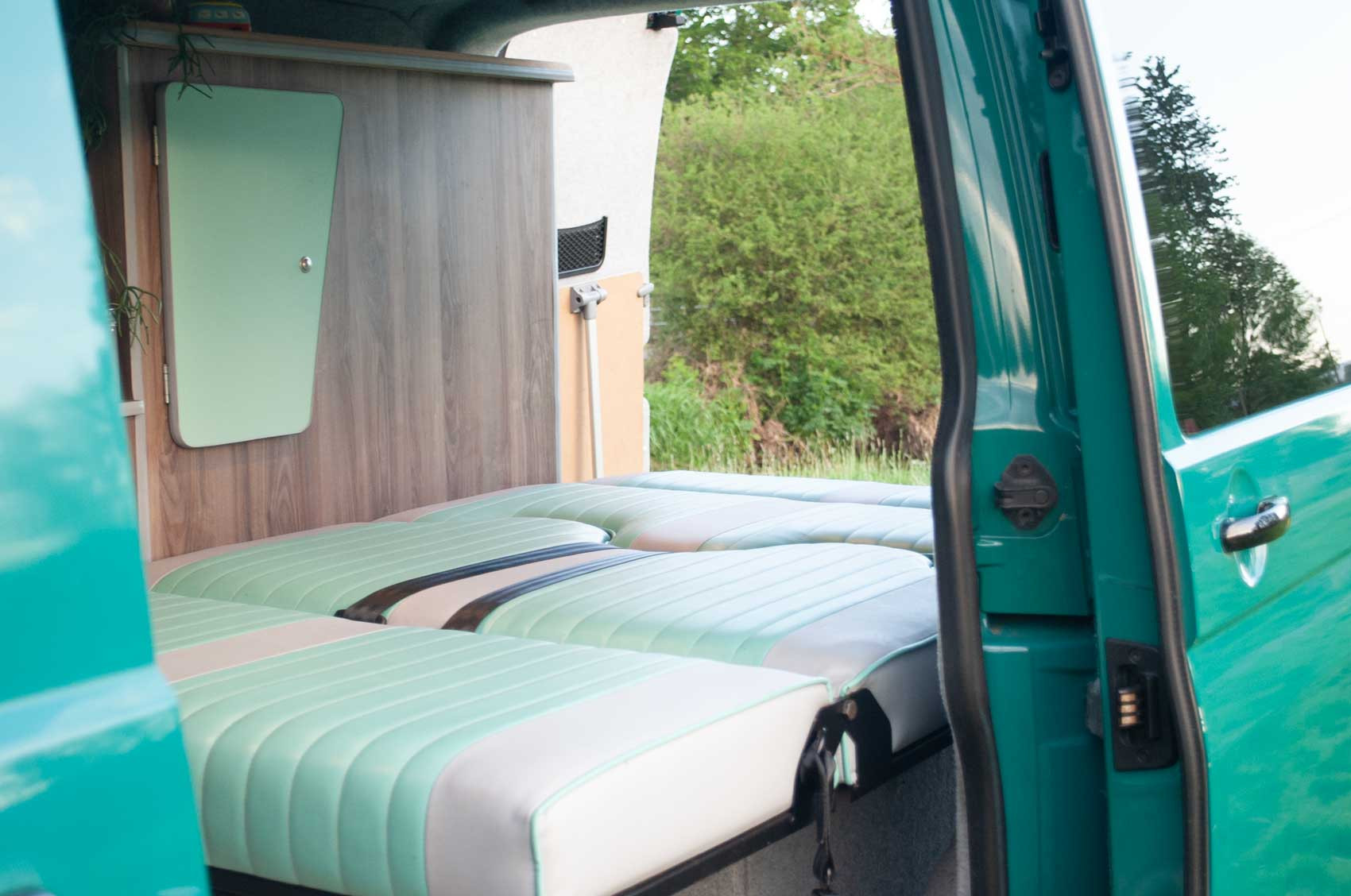 A VW T5 Campervan called Pretty-Green and for hire in Hickstead, West Sussex