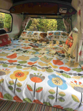 A VW T2 Classic Campervan called Funky-Bob and Funky Bob's Full width Rock and Roll Bed for hire in Colyton, Devon