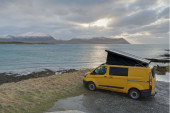 A Ford Campervan called Bumblebee and Bumble showing off her pop-top, overlooking the Hoy Sound, Orkney for hire in Stromness, Orkney Islands