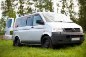A VW T5 Campervan called Romper-Swamper and for hire in Hickstead, West Sussex
