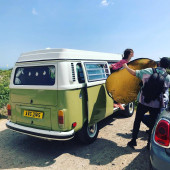 A VW T2 Classic Campervan called Winnie-The-Westie and Winnie strutting her hot stuff in a photo shoot! for hire in Canterbury, Kent
