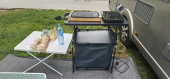 A Hymer Motorhome called Ellen-Mae and Electric grill, outdoor kitchen, induction hob, tables, chairs and floor mats are all included for hire 